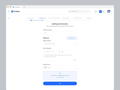 ProDeel - Contract Creation Flow active components dropdown payment preview process product progress saas sign simple spinner step stepper text upload ux walkthroughs wizard workflow