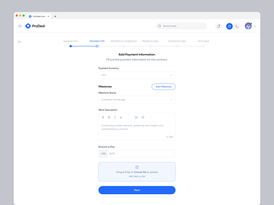 ProDeel - Contract Creation Flow active components dropdown payment preview process product progress saas sign simple spinner step stepper text upload ux walkthroughs wizard workflow