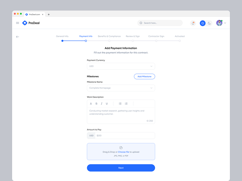 ProDeel - Contract Creation Flow active components dropdown payment preview process product progress saas sign simple spinner step stepper text upload ux walkthroughs wizard workflow