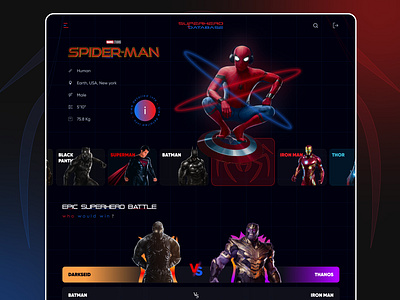 Superhero database website buttons card dark mode database dc design fonts home page icons illustration info marvel menu navbar search superheros ui uiux ux website