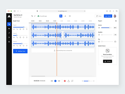 Audio Forge - Podcast Editing Dashboard adobe audio audio editing component conversation dashboard interview listening music noise cancelation platform podcast podcasting product recording saas streaming track web app web design