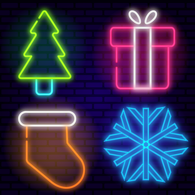 Neon decorations design graphic design illustration vector неон новорічні прикраси подарунок снижинка шкарпетка ялинка