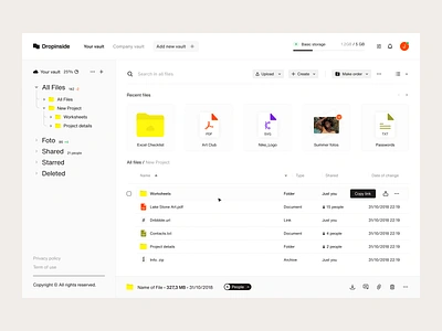 Dropinside - cloud storage dashboard app backup cloud storage concept dashboard data drive enterprise vault file hosting files folders safekeeping share files storage ui user experience user inteface ux vault web