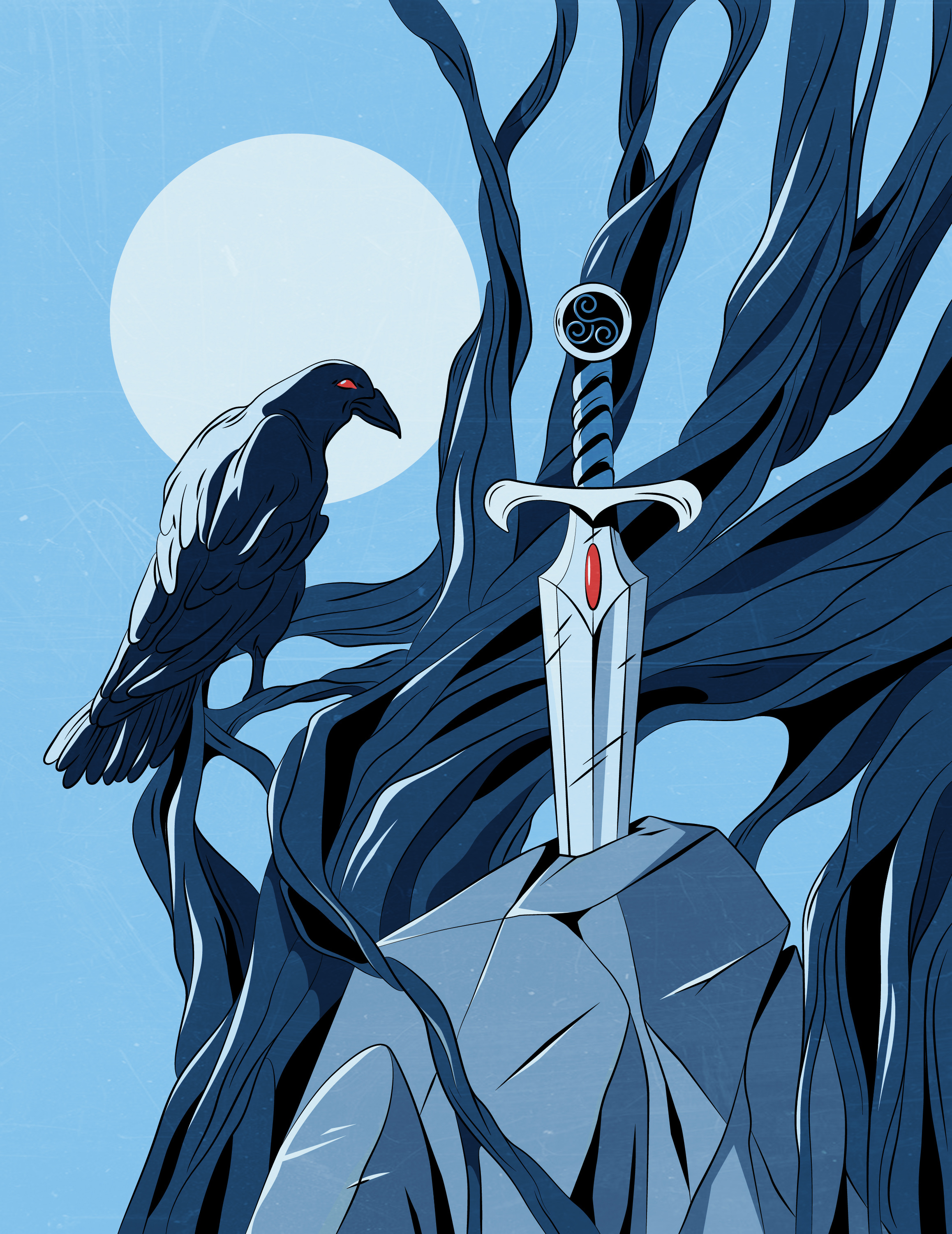 sword cartoon celtic fear illustration king knight light magic moon mystic night raven retro stone style sword tree vector vintage weapon