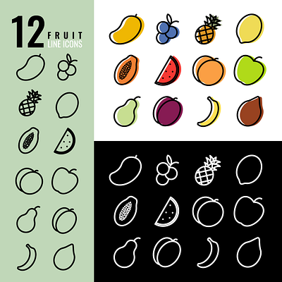 12 fruit icons design fresh fruit graphic design healthy icons illustration line icons vector vitamins