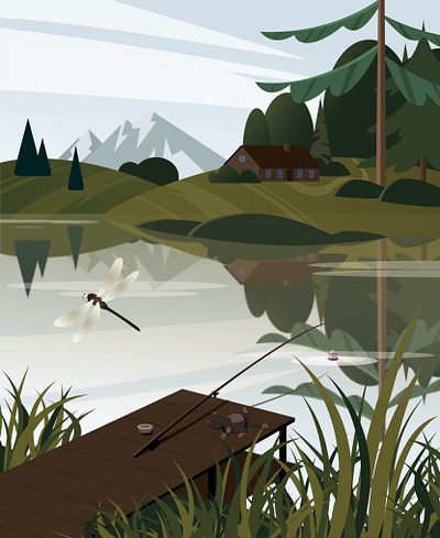 Lake house art digitalart dragonfly fishing house illustration illustrator lake lakehouse vector