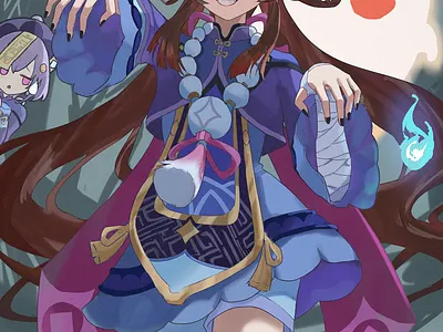 Illustration Drawing Hu Tao Cosplay as Qiqi illustraion