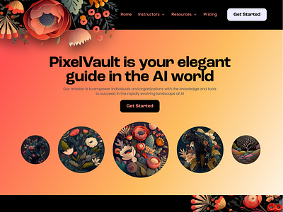 PixelVault - guide in the AI world ai background black branding concept creative dark design first screen flowers gradient graphic design hero page inhensweb orange technologies ui website