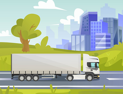 Truck driving in city branding cartoon city driving graphic design illustration truck vector