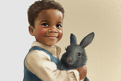 Jack with his bunny boy cuddling a bunny branding child portrait design illustration logo watercolor portrait