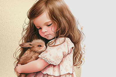 Amelia cuddling her bunny child portrait design girl with a bunny illustration watercolor watercolor child portrait