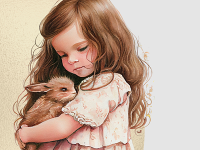 Amelia cuddling her bunny child portrait design girl with a bunny illustration watercolor watercolor child portrait