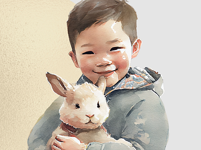 Jo and his bunny Ted boy cuddling a bunny child portrait design illustration watercolor watercolor portrait