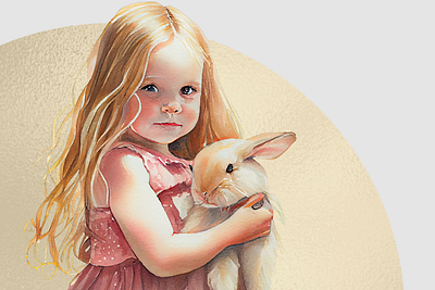 Sarah with her Bunny child portrait child watercolor design girl with her bunny illustration