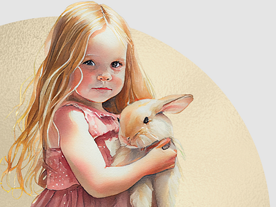 Sarah with her Bunny child portrait child watercolor design girl with her bunny illustration