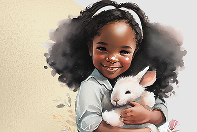 CeeCee and her bunny child portrait design girl with a bunny illustration watercolor watercolor child