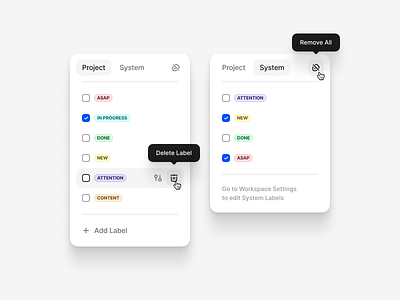 Labels add labels app asap attention content delete design done flowmapp inprogress labels new product design project settings system tag toolbar ui ux