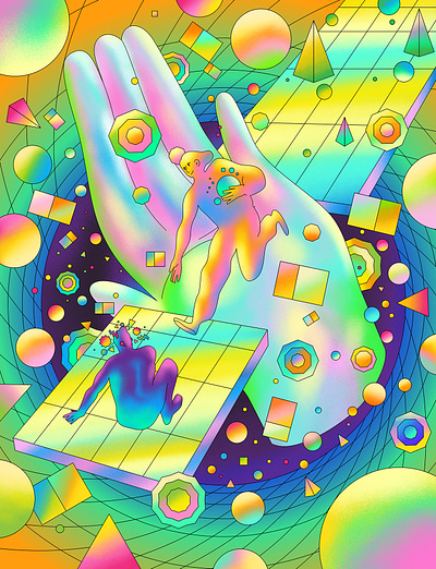 Metaverse learning from the past - Atticus affinity affinity designer black hole character design digital editorial glow graphic illustration internet metaverse online people psychedelic retro surreal vector virtual virtual world web3