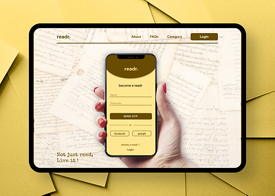 Readr. | Login/Signup Web UI books brown concept design design figma freelance graphic design hire library login mockup modern reader app reading app signup ui ui ux design web design web ui yellow