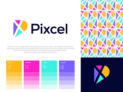 Pixcel logo and Brand kit | P logo mark | P letter logo design 3d animation branding colorful logo graphic design illustration logo design logotype minimal minimalist motion graphics p letter mark p logo pixel technology ty typography ui web website