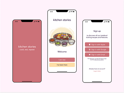 Kitchen Stories App – Redesign app button cooking cooking app kitchen kitchen stories log in mobile onboarding pink recipe registration sign up ui ux welcome