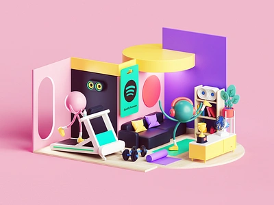 Spotify Premium — Exercising 3d 3dart app appdesign brand branding c4d cinema4d colors design illustration isometric logo music render set space spotify tarka ui