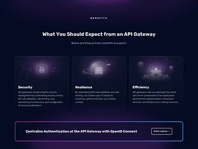 Benefits Section ✨ api benefits cards dark mode design efficiency gateway graphic design purple resilience security servers settings traefik transparencies ui web