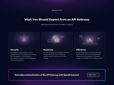 Benefits Section ✨ api benefits cards dark mode design efficiency gateway graphic design purple resilience security servers settings traefik transparencies ui web