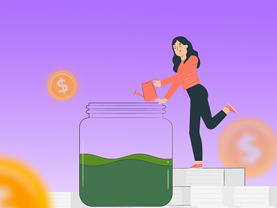 Woman watering money tree 2d animation graphic design motion graphics