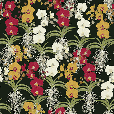 Orchid Wall branding deep red graphic design green hues leaves mustard orchids repeat pattern stylised flowers white