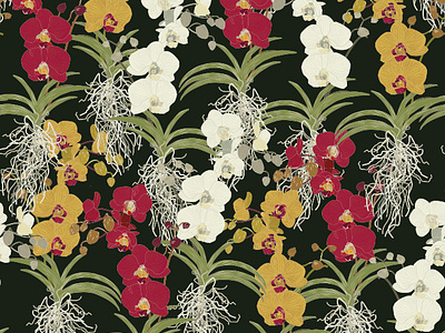Orchid Wall branding deep red graphic design green hues leaves mustard orchids repeat pattern stylised flowers white