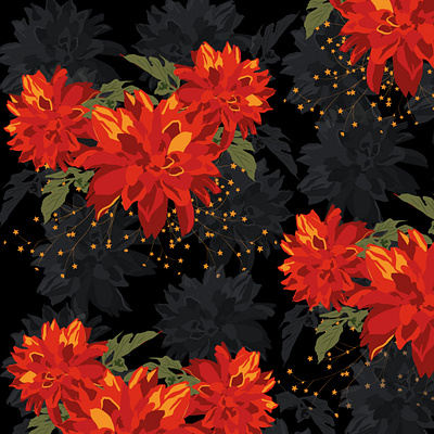 Black Dahlia abstract shapes black background dahlias graphic design leaves orange hues stylised flowers