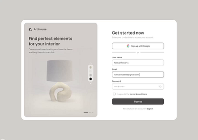 Daily UI #001 - Sign up page 3d animation blender create account dailyui design figma form furniture minimal motion motion graphics registration sign up split screen ui uiux user interface ux web design