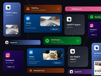 Bento Cards Exploration - Dark Mode bento style dark mode design icon minimalist mobile components social media card theme ui components ui design ui elements website