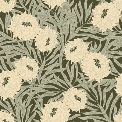 Whirlwind chinoiserie cream abstract flowers dark green background soft green leaves