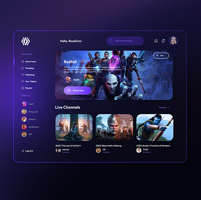 Game Live Streaming Platform dashboard design figma game game platform graphic design live show play store stream streaming ui ui design uiux web web design