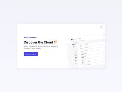 Announcing Strapi Cloud ☁️ announcement cloud collaboration deploy dialog discover headless cms manage modal new in onboarding popup showcase strapi