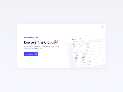 Announcing Strapi Cloud ☁️ announcement cloud collaboration deploy dialog discover headless cms manage modal new in onboarding popup showcase strapi