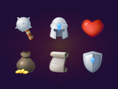 Icons for medieval game 3d cartoon coins game heart helmet icon illustration mace medieval money pouch scroll shield vector