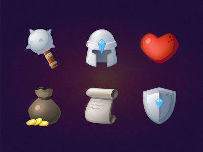 Icons for medieval game 3d cartoon coins game heart helmet icon illustration mace medieval money pouch scroll shield vector