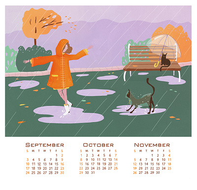 Illustration for Calendar 2023. Take a moment 2d autumn calendar calendar2023 cat design graphic design illustration rain typography woman