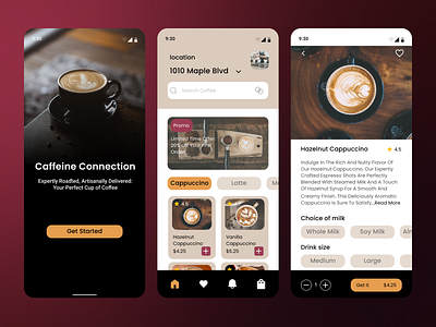 Coffee Shop App UI: Coffeine Connection app appui coffee coffeeshop design freelance graphic design illustration ui ux