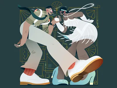 Swinging! 1930s artdeco bird character couple dance dancer dancing elegance fashion flat illustration movement music retro smoke smoking swing vector vintage