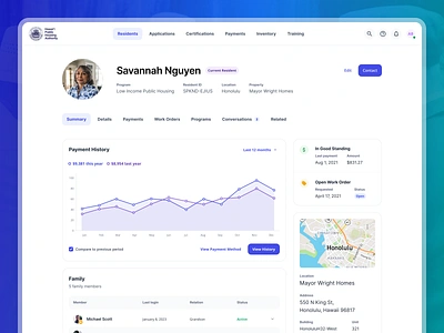 Concept of a public housing agent's view of a resident profile agent agent experience civic civic tech cloud crm crm crm contact profile customer profile customer service customer support dashboard data viz enterprise ux product design public housing tech for good user profile