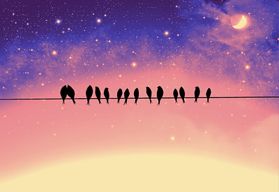 birds on a wire print om peach and purple tones bird illustration birds on a wire birds on a wire print cute art cute birds kawaii birds love bird pictures nebula cute sunrise sunset