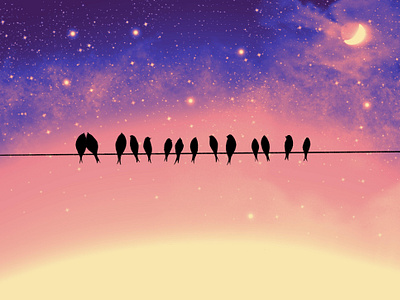 birds on a wire print om peach and purple tones bird illustration birds on a wire birds on a wire print cute art cute birds kawaii birds love bird pictures nebula cute sunrise sunset