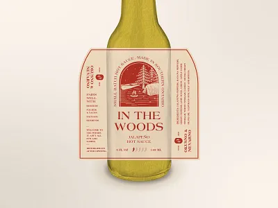 In the Woods Hot Sauce Label bottle branding camp chili forest green hot sauce illustration label line work modern natural one colour packaging peppers retro simple spicy vintage woodsy