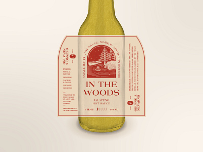 In the Woods Hot Sauce Label bottle branding camp chili forest green hot sauce illustration label line work modern natural one colour packaging peppers retro simple spicy vintage woodsy