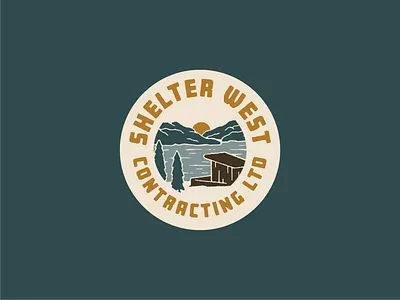 SHELTER WEST CONTRACTING LOGO ILLUSTRATION badge branding cabin font illustration logo mountains ocean pnw vector