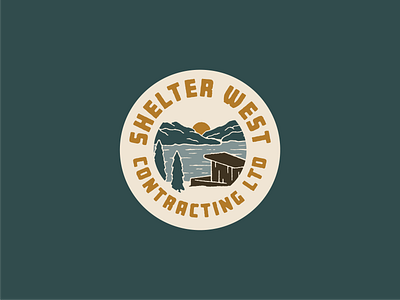 SHELTER WEST CONTRACTING LOGO ILLUSTRATION badge branding cabin font illustration logo mountains ocean pnw vector